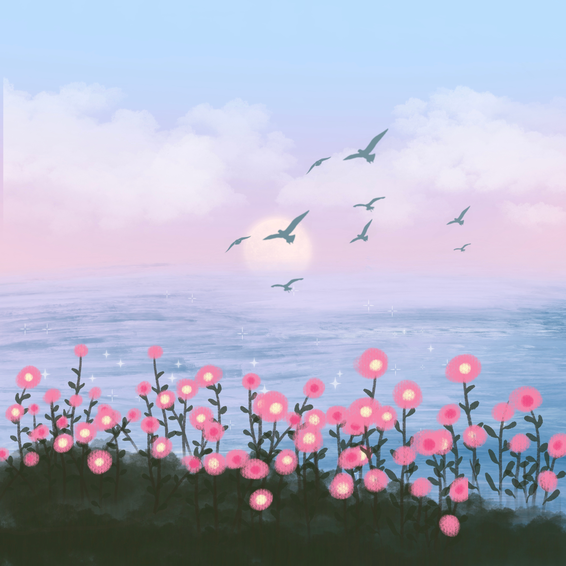 In the early morning, by the seaside where flowers bloom, birds soar high in the sky through the pink mist.