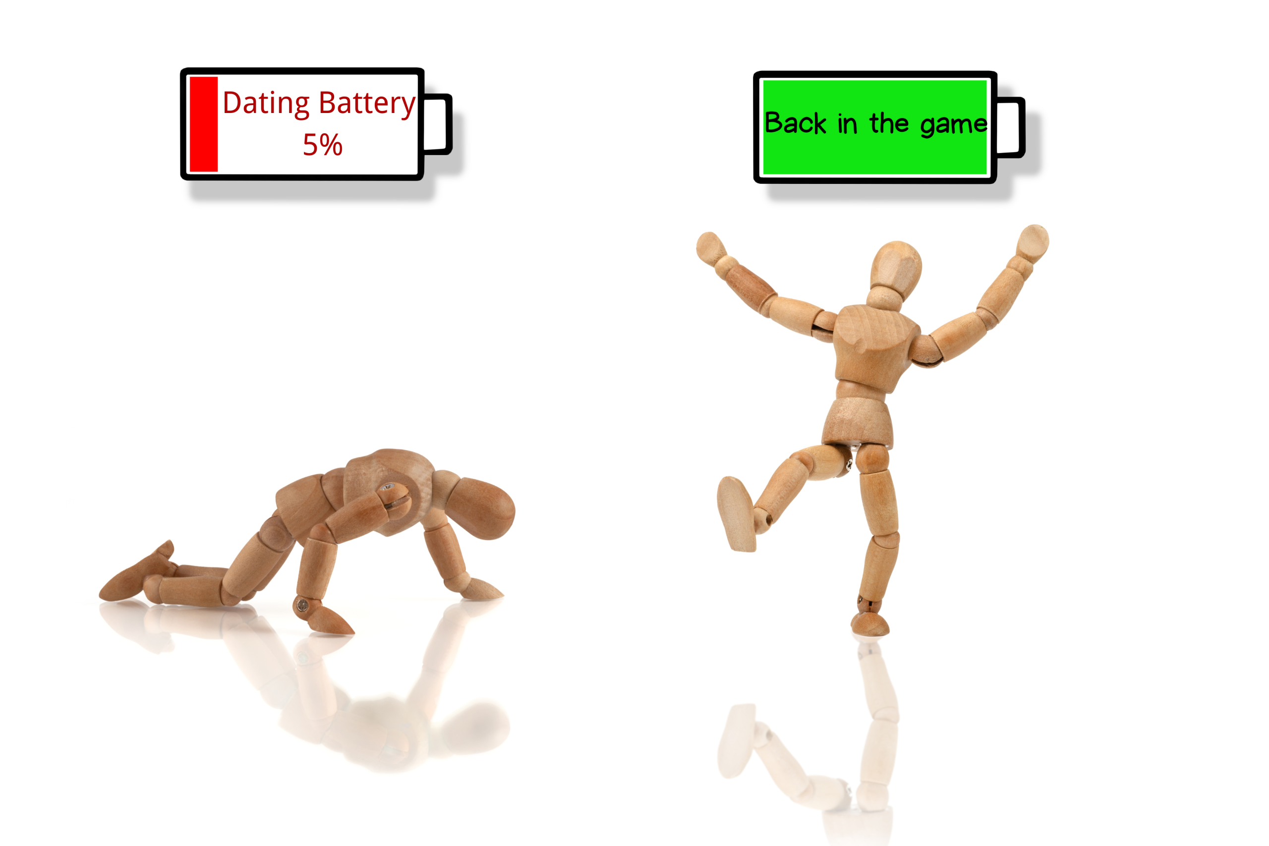 Two wooden mannequins beneath battery icons, one crawling under “Dating Battery 5%” and the other jumping under “Back in the game,” humorously illustrating dating burnout and recovery.