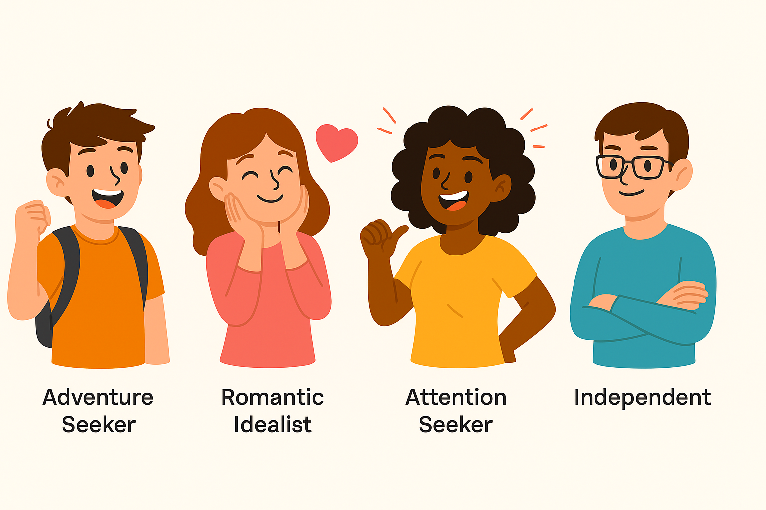 A modern 2D digital illustration showing four personality types side by side: an energetic "Adventure Seeker" boy with a backpack, a smiling "Romantic Idealist" girl with heart symbols, a cheerful "Attention Seeker" woman raising her hand, and a calm "Independent" man with glasses and crossed arms.