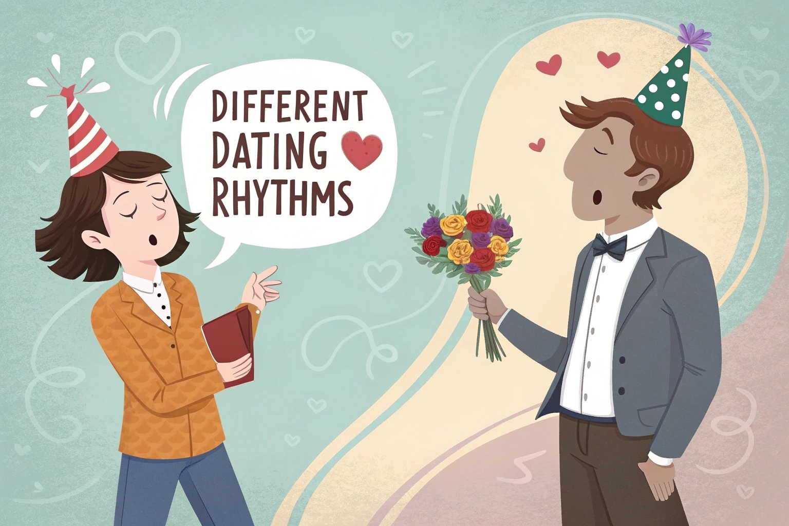 Cartoon illustration of a couple with mismatched dating rhythms, highlighting the conflict between emotional intentions and romantic pace.