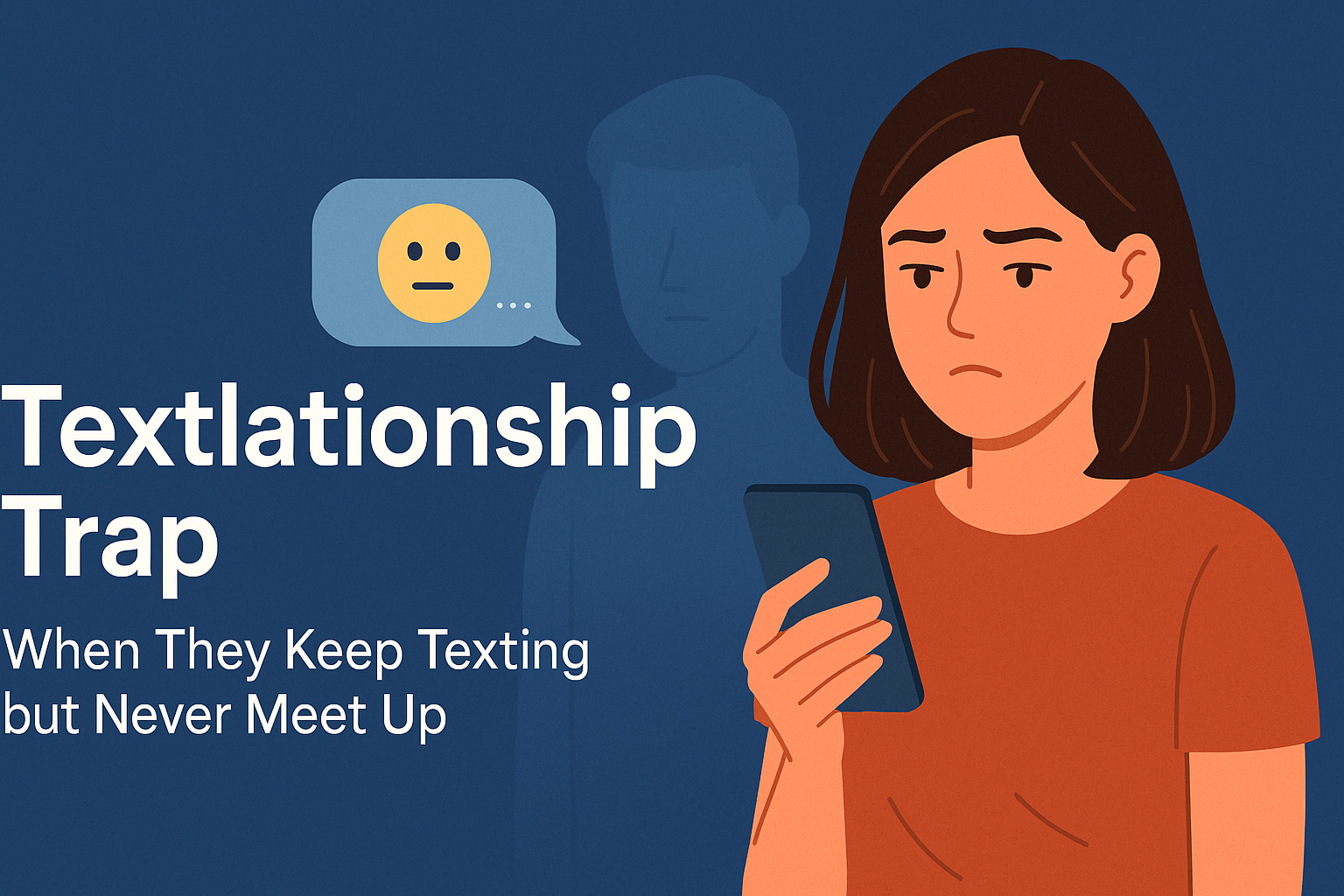 A digital illustration of a young woman looking at her phone with a frustrated expression, as a faded male figure appears in the background. The text overlay reads “Textlationship Trap: When They Keep Texting but Never Meet Up.”