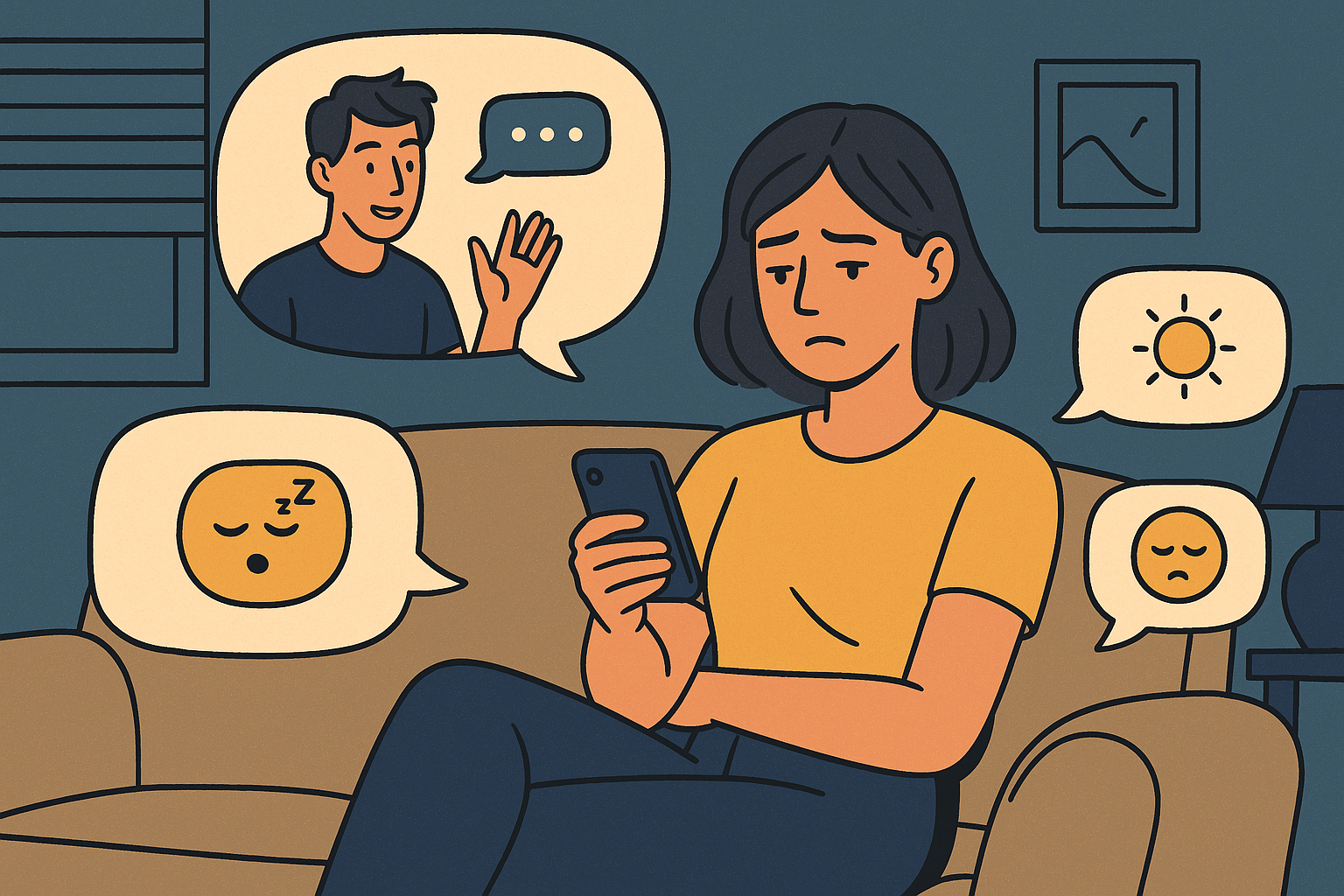 Illustration of a woman sitting on a couch, looking concerned as she reads her phone. Emoji and speech bubbles float around her, depicting one-sided virtual conversations.