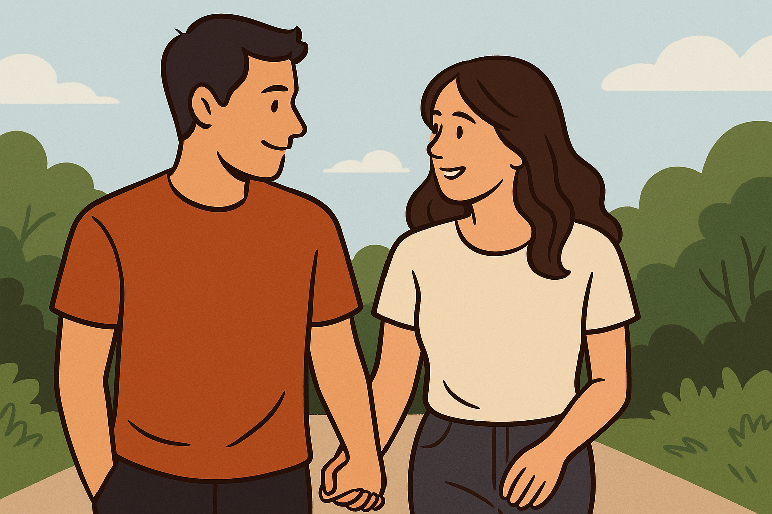A couple walking hand in hand outdoors on a sunny day, smiling at each other. The warm color palette and blurred background contrast the emotional distance of text-only connections.