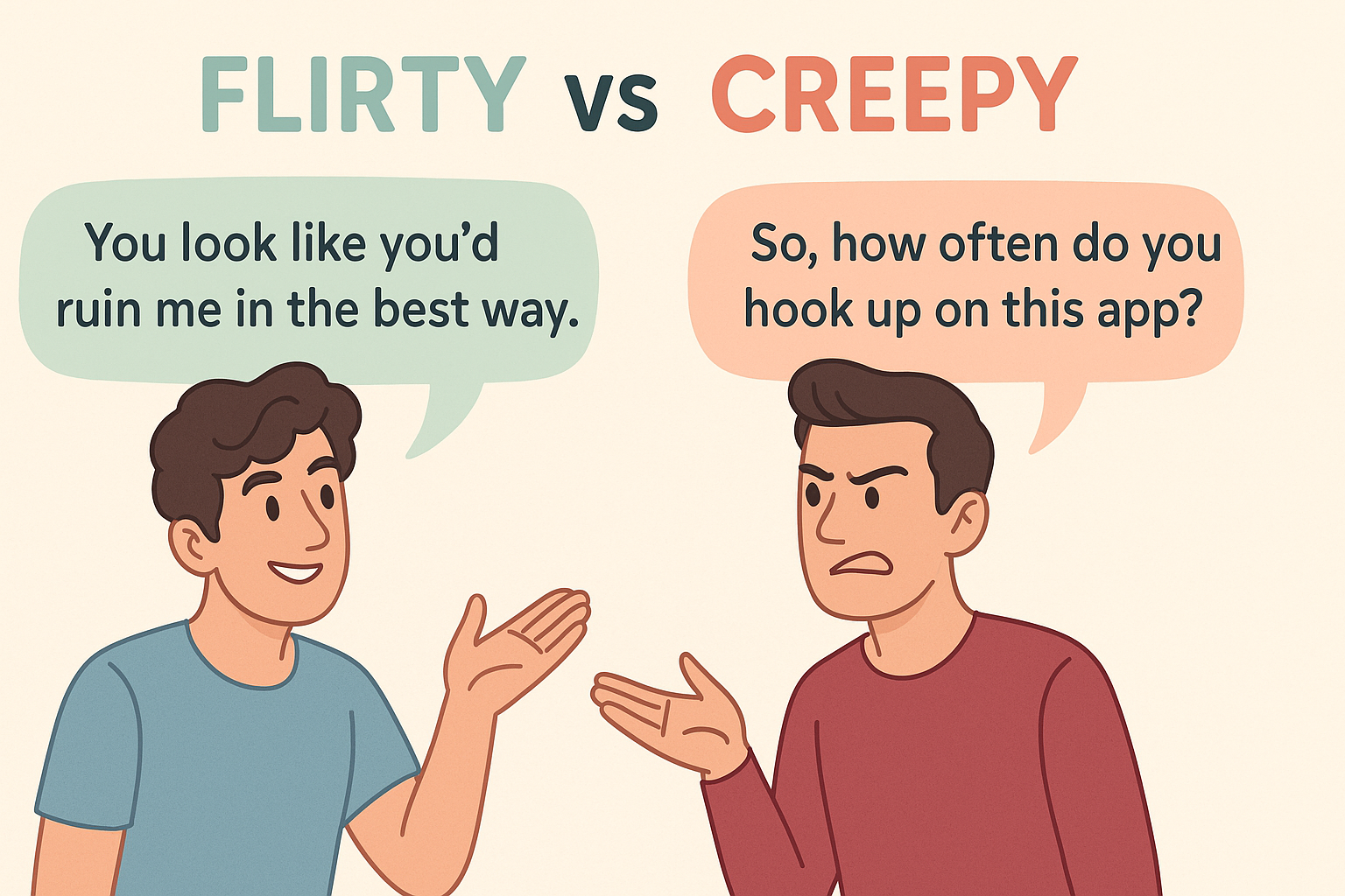 Flirty vs Creepy chat comparison—two men showing playful and uncomfortable texting styles.