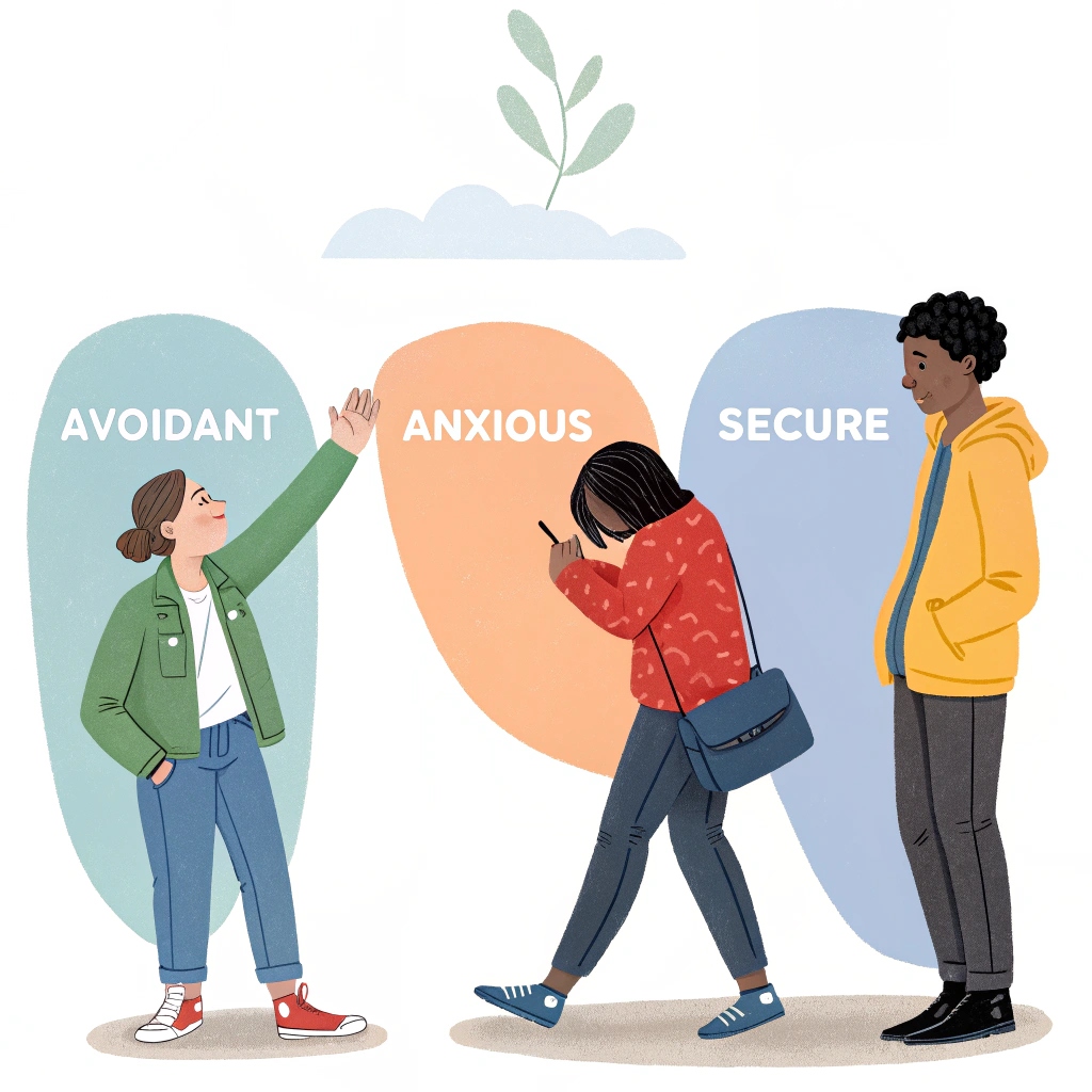 Illustration of three attachment styles—Avoidant, Anxious, and Secure—used to explain the psychology behind modern relationship dynamics.