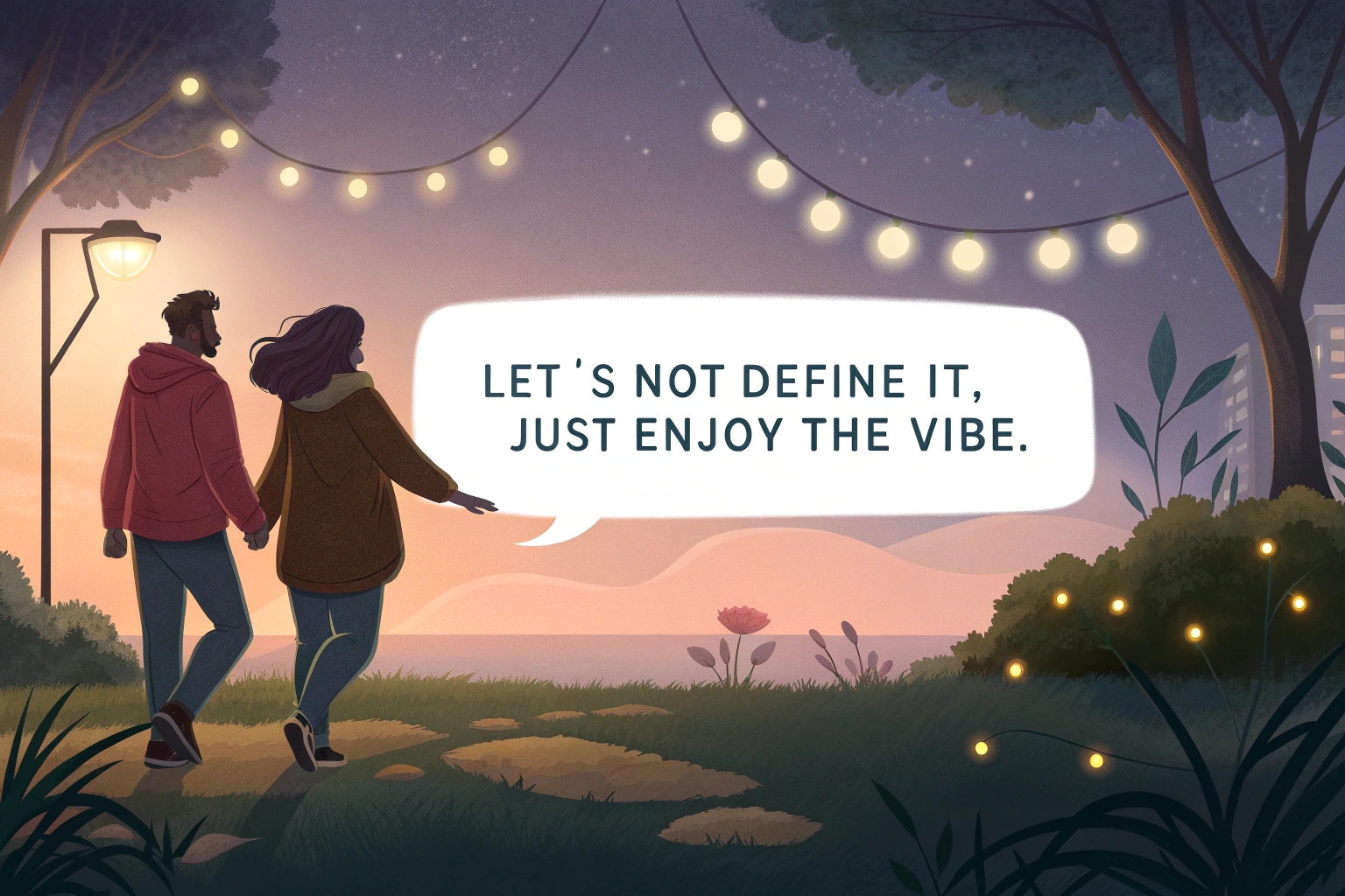 Romantic couple walking at sunset under string lights with the quote “Let’s not define it,” representing the carefree DTF mindset.