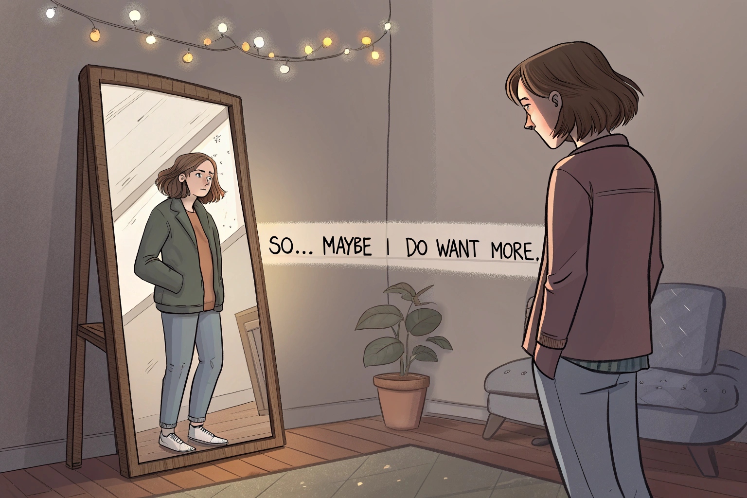 A thoughtful woman staring at her reflection, realizing her desire for deeper connection—symbolizing the shift from DTF to DTR.