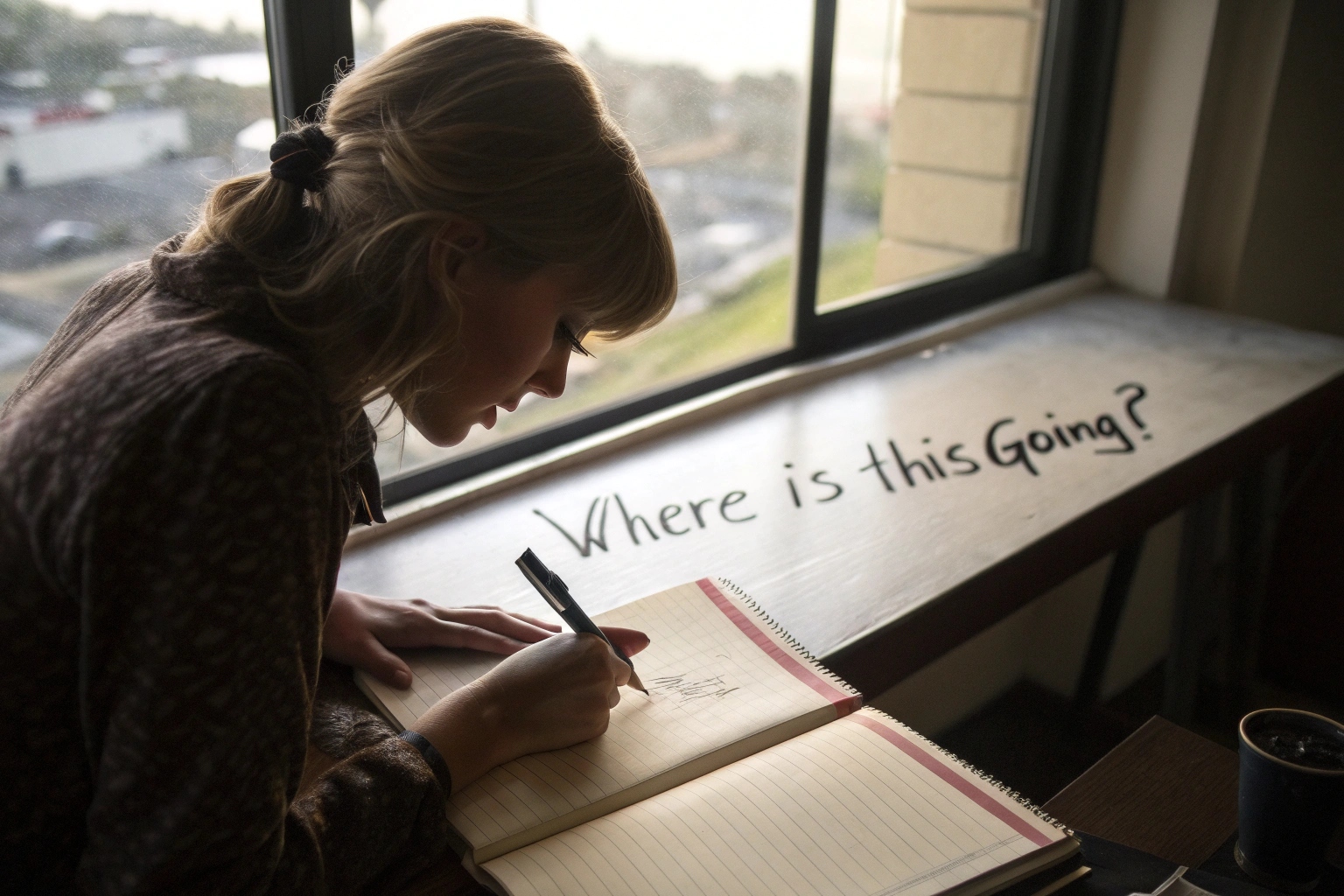 A woman journaling beside a window with the question “Where is this going?”, capturing the emotional uncertainty of defining a relationship.