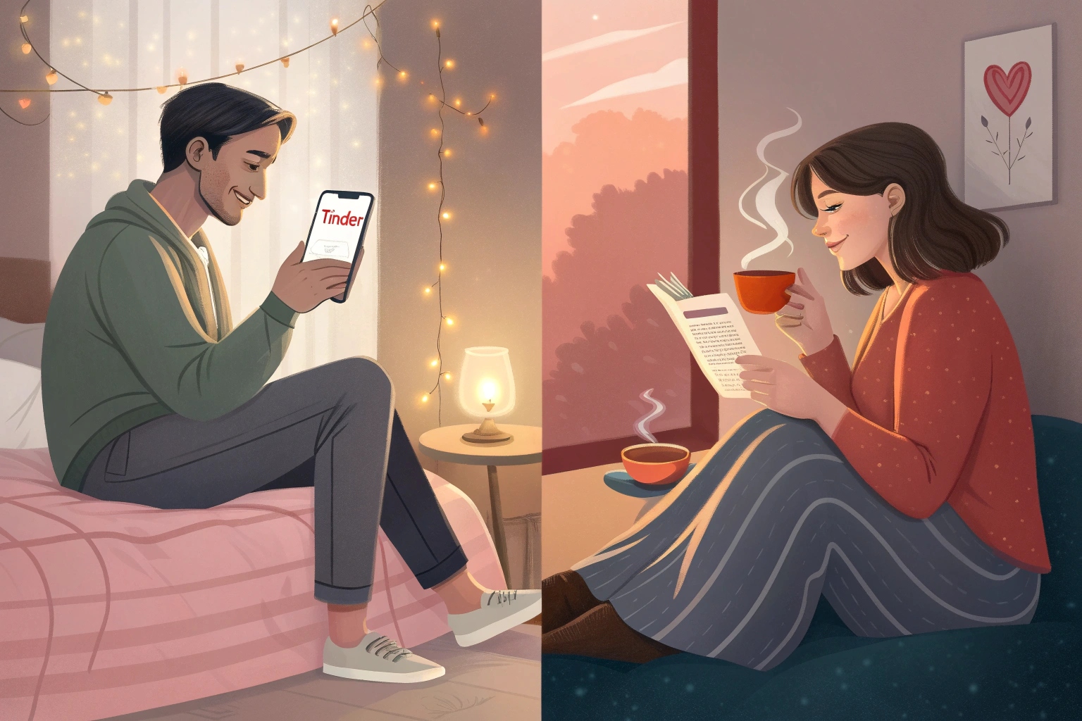 Split image of a man swiping on Tinder and a woman reading with tea, showing the contrast between hookup culture and emotional introspection.