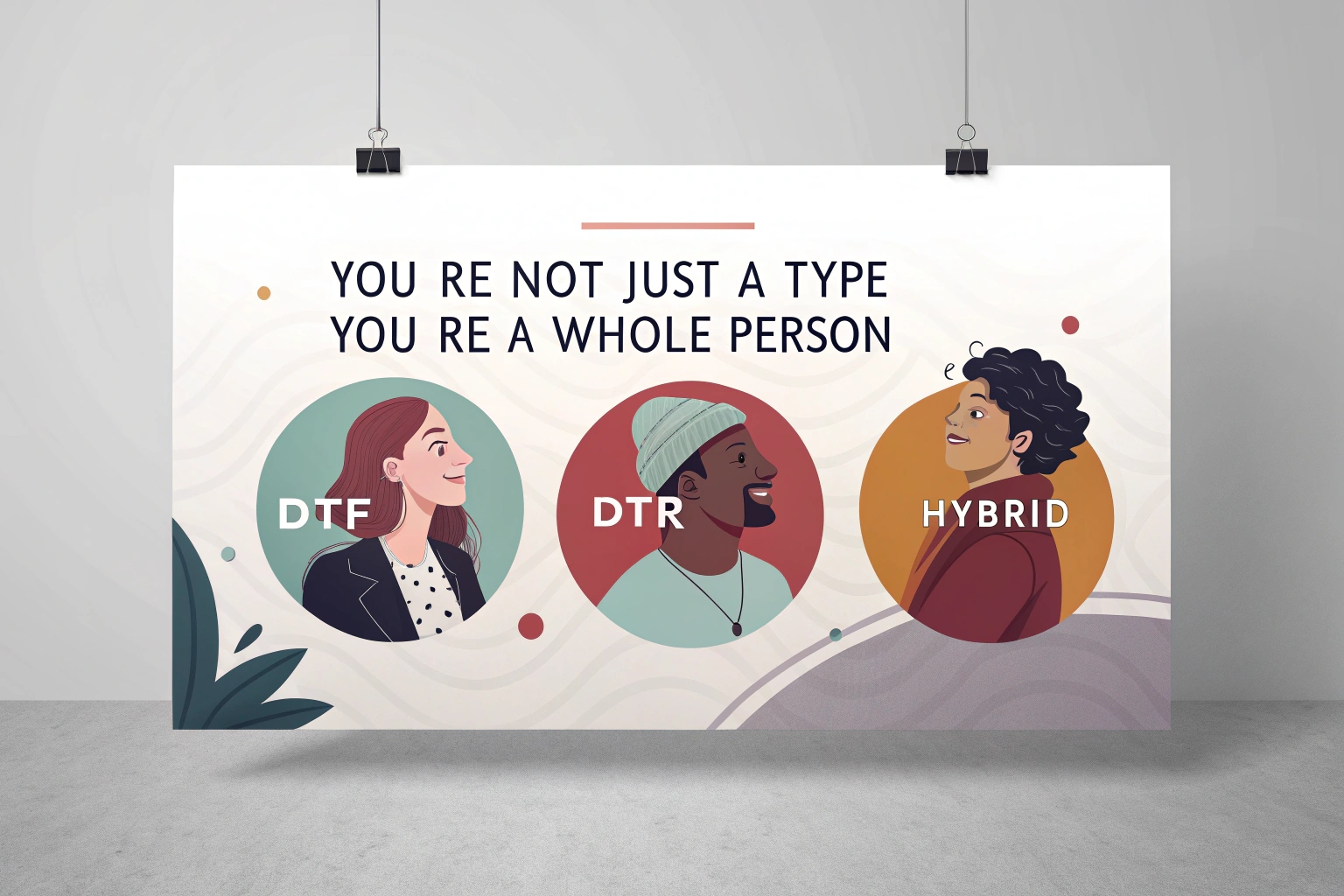 Poster-style image depicting DTF, DTR, and Hybrid relationship types, emphasizing that each dating identity is valid and multidimensional.