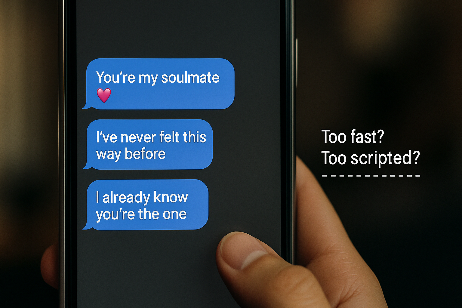 A smartphone screen displays romantic messages like 'You’re my soulmate' and 'I already know you’re the one.' Next to it, text questions the authenticity: 'Too fast? Too scripted?