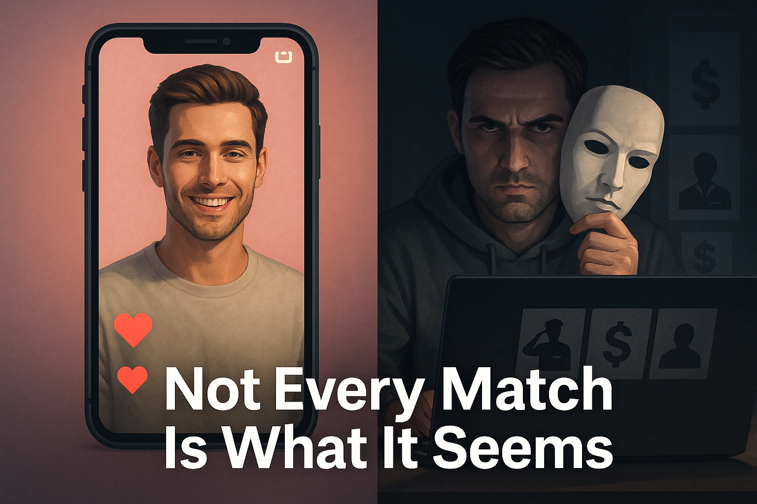 A split-screen image showing the contrast between a charming dating profile photo of a smiling man on a phone screen and a shadowy man behind a laptop holding a white mask. Text reads 'Not Every Match Is What It Seems.